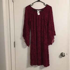 Women's Burgundy Lace 3/4 Bell Sleeve Dress Size L